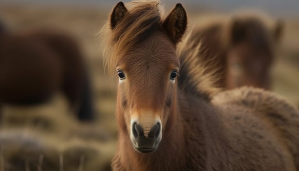 Cute foal grazing in meadow, looking at camera generated by AI photo