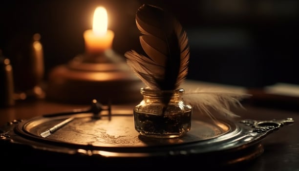 Antique quill pen writes mystery on paper generated by AI photo