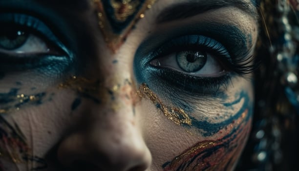 Blue eyed beauty with gold glitter, mysterious elegance photo