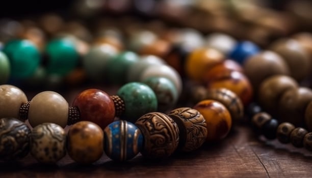 Multi colored gemstone necklace and bracelet collection on wooden background generated by AI photo