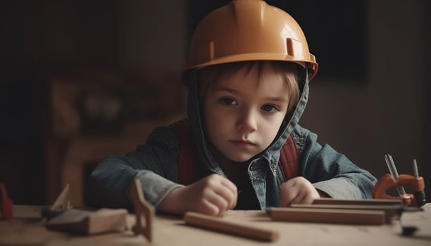 Cute Caucasian boys learning carpentry skills indoors at construction site generated by AI photo