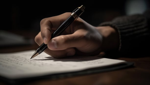 Handwriting contract with ballpoint pen on paper for business agreement generated by AI photo