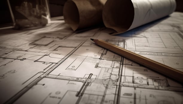 Blueprints, sketches, and plans the foundation of modern architecture generated by AI photo