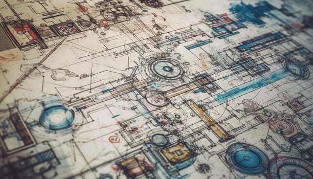 Blueprints and plans for modern architecture and construction industry development generated by AI photo