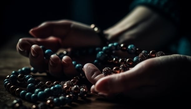 Handmade bead jewelry necklace, bracelet, and rosary beads shine generated by AI photo