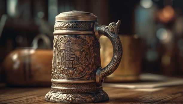 Rustic mug handle, ornate design, ancient pottery, liquid elegance generated by AI photo