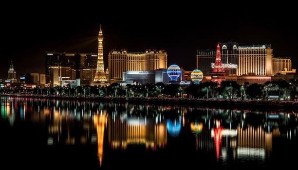 Illuminated casino on the strip reflects city skyline at dusk generated by AI photo