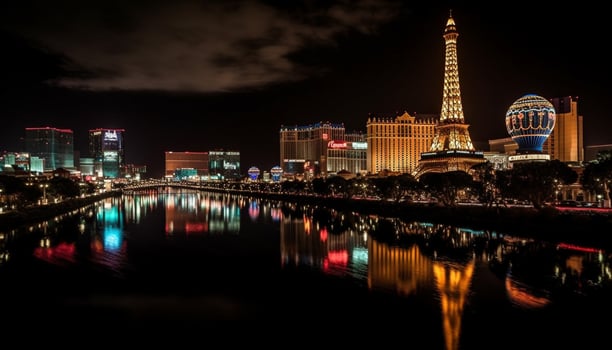 Illuminated city skyline reflects in water, a vibrant nightlife destination generated by AI photo