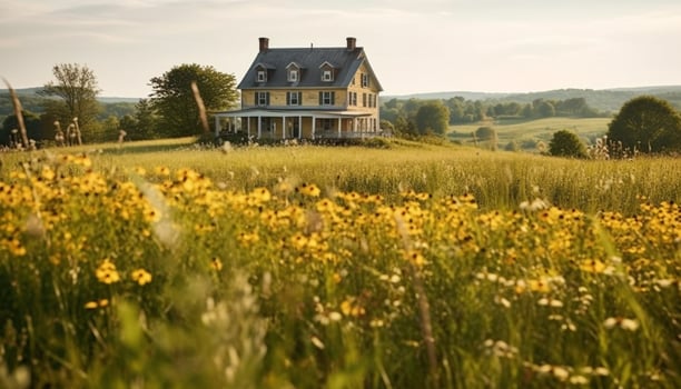 Idyllic cottage in rural Bavaria surrounded by green meadows and wildflowers generated by AI photo