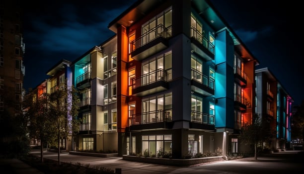Modern skyscraper illuminates vibrant city street with glowing blue reflection generated by AI photo