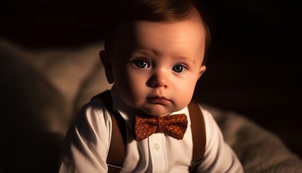 Cheerful baby boy in bow tie, looking at camera innocently generated by AI photo