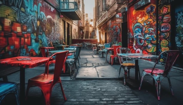 Old fashioned coffee shop with multi colored chairs in Chinese cityscape generated by AI photo