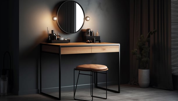 Modern, elegant domestic room with comfortable chair and illuminated table generated by AI photo