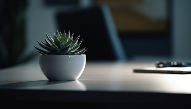Modern office desk with green potted plant and computer monitor generated by AI photo