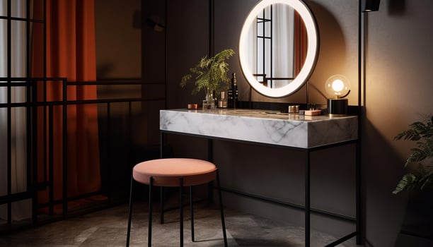 Modern luxury apartment with elegant design, comfortable wood chair, illuminated sink generated by AI photo