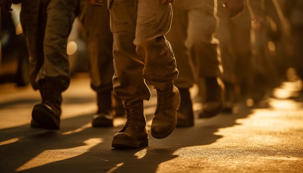 Uniformed soldiers marching in formation through city streets in celebration generated by AI photo
