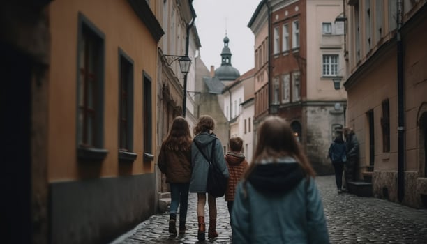 Young adults walking in city, admiring architecture and famous places generated by AI photo