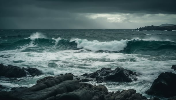 Dark horizon over crashing waves, dramatic sky in idyllic seascape generated by AI photo
