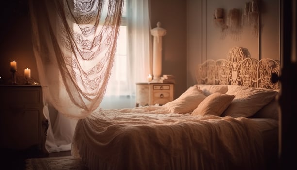 Cozy modern bedroom with elegant wood headboard and illuminated window generated by AI photo