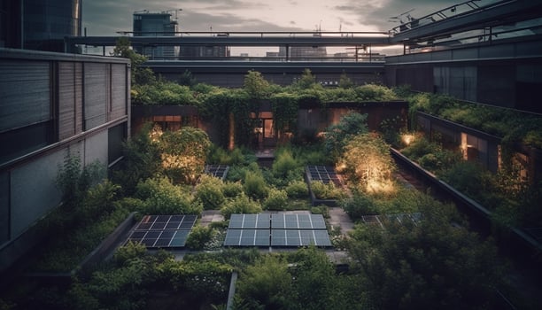 Futuristic building exterior illuminated by blue lighting equipment at dusk generated by AI photo