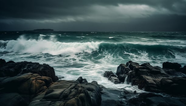 Dark horizon over water, dramatic sky, breaking waves, awe inspiring seascape generated by AI photo