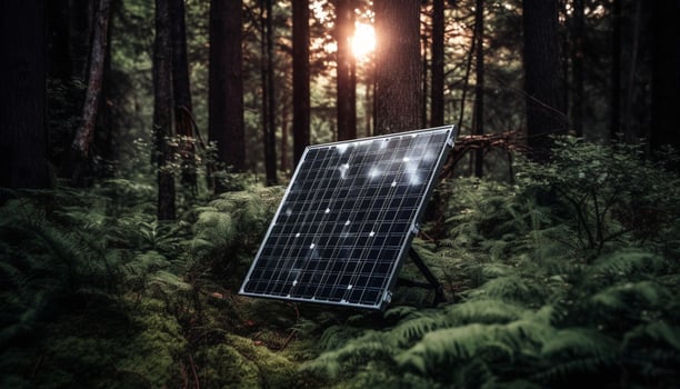 Futuristic solar power station illuminates rural mountain landscape with sustainable resources generated by AI photo