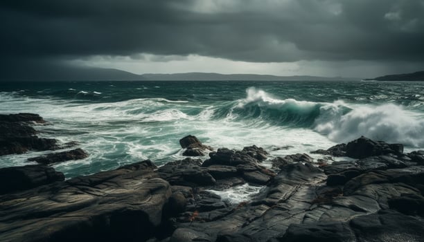 Dramatic sky over dark cliff, breaking wave on wet coastline generated by AI photo