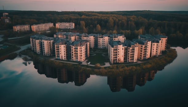 Modern city skyline reflects tranquil sunset over suburban housing development generated by AI photo