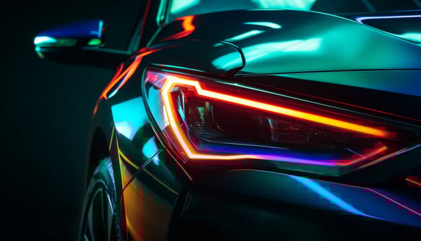 Glowing sports car igniting blurred motion on dark modern street generated by AI photo