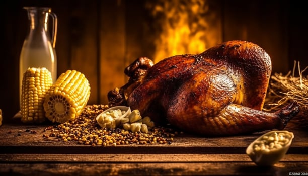 Rustic table with grilled poultry, baked pumpkin, and fresh vegetables generated by AI photo
