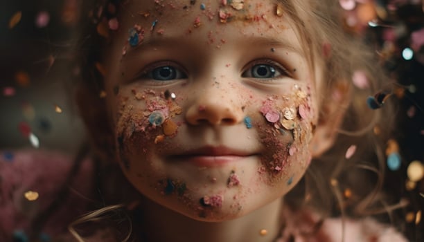 Cute Caucasian toddler smiling at camera in messy confetti party generated by AI photo