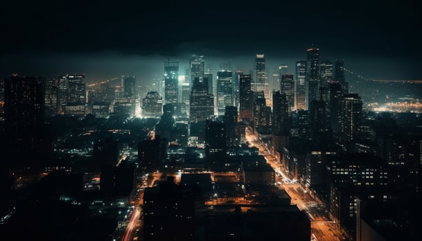 Abstract cityscape illuminated by multi colored skyscrapers at night generated by AI photo