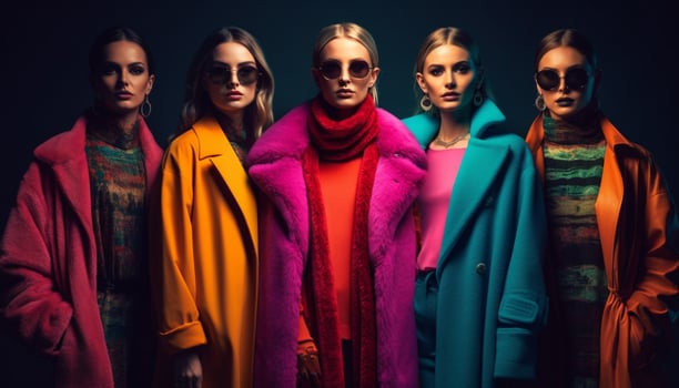 Fashionable young adult woman in multi colored garment looking at camera generated by AI photo