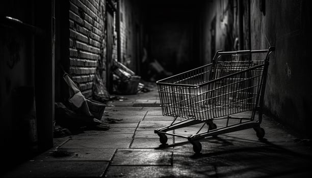 Abandoned old fashioned retail store with rusty metal cart and equipment generated by AI photo