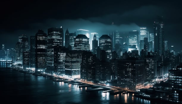 Illuminated skyscrapers reflect on the waterfront in a futuristic cityscape generated by AI photo