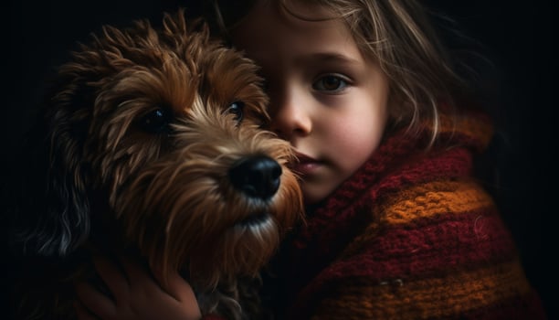 Cute small puppy embraces child in playful friendship portrait generated by AI photo
