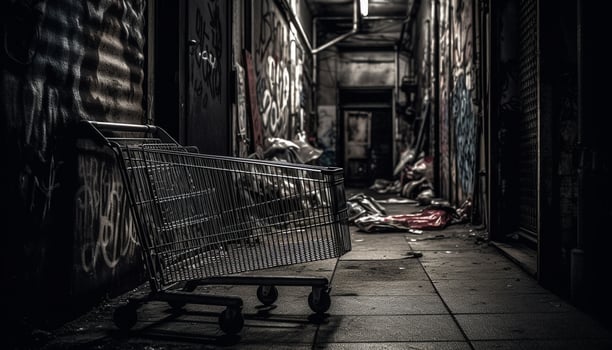 Abandoned store, spooky and dark, rusty metal, broken window, poverty generated by AI photo