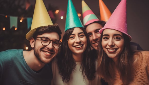 A group of young adults celebrate with toothy smiles indoors generated by AI photo