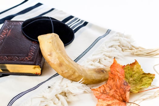 religion image of Prayer book and Shofar horn jewish religious symbols. Rosh hashanah jewish New Year holiday photo