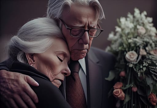 Senior man standing with attractive woman holding flowers on funeral. photo