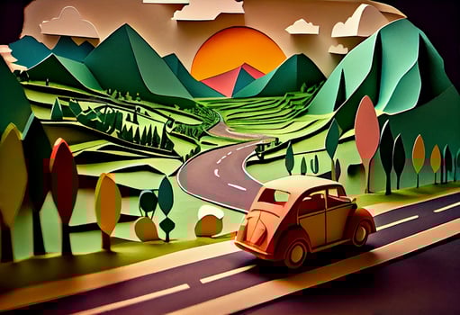 Paper art , Car on a road , one day trip in the summer , Escape from the city with goes on holiday weekend. photo