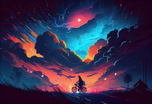 Illustration painting of love riding on bicycle. . photo