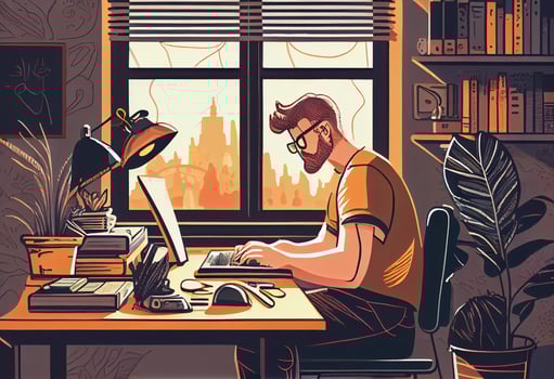 A freelancer man works behind a laptop. Home office workplace. . photo