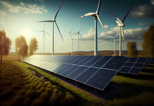 Wind turbines and solar panels farm in a field. Renewable green energy. . photo