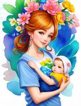 Detailed illustration of mother holding baby. . photo