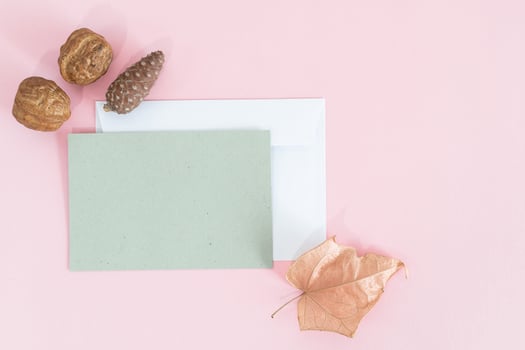 Winter greeting card craft paper envelope decoration minimal composition pine cones. photo