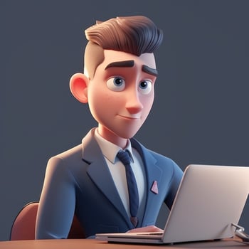 3D illustration of businessman with laptop, businessman working in office Cartoon character. 3d rendering. 3d illustration. ai generation photo