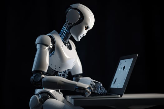 3d rendering humanoid robot working with laptop computer on black background. An AI robot creating designs with a laptop, photo