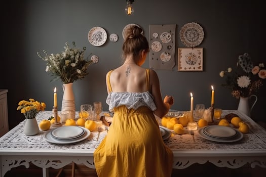 Beautiful girl in a yellow dress sitting at the table with oranges and candles, A young housewife wearing an apron and engaged in various household chores, photo