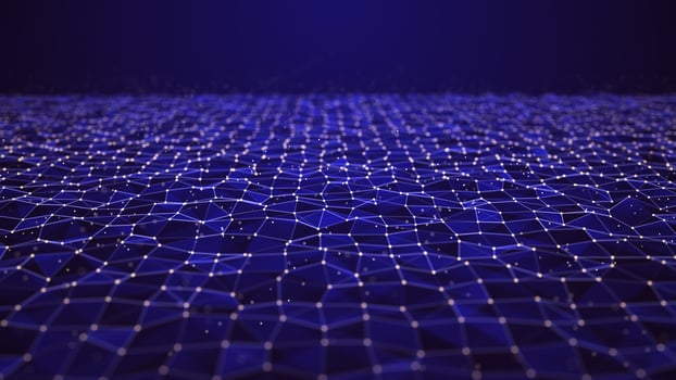 Futuristic glowing wave. The concept of big data. Network connection. Cybernetics. Abstract dark background of blue lines and triangles connected by white dots. 3d rendering. photo